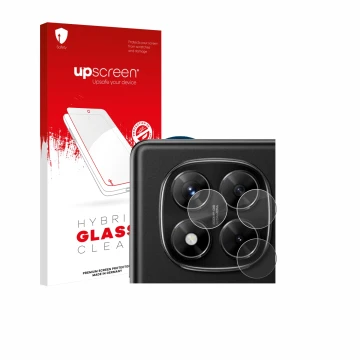 Face avant d’un emballage produit avec le logo de la marque upscreen. À côté, l’appareil Xiaomi Redmi Note 14 Pro 4G (Caméra U