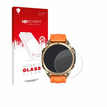 Face avant d’un emballage produit avec le logo de la marque upscreen. À côté, l’appareil Doogee Anywise W1 est représenté avec
