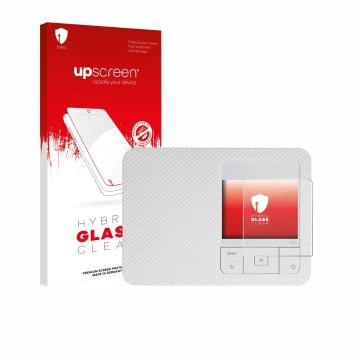 Face avant d’un emballage produit avec le logo de la marque upscreen. À côté, l’appareil Canon Selphy CP1500 Mini est représen