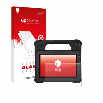 Face avant d’un emballage produit avec le logo de la marque upscreen. À côté, l’appareil Zebra XPad L10ax est représenté avec 