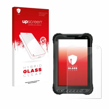 Face avant d’un emballage produit avec le logo de la marque upscreen. À côté, l’appareil Unitech TB85 Plus est représenté avec