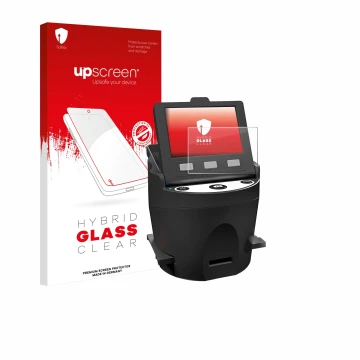 Face avant d’un emballage produit avec le logo de la marque upscreen. À côté, l’appareil Kodak SCANZA est représenté avec la p