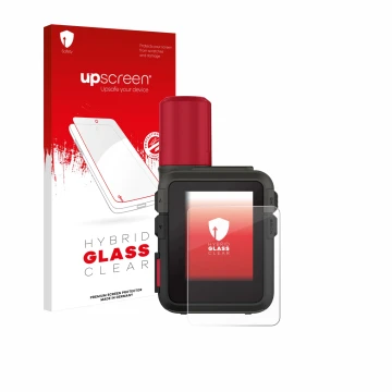 Face avant d’un emballage produit avec le logo de la marque upscreen. À côté, l’appareil Garmin inReach Mini 3 Plus est représ