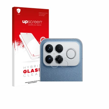Face avant d’un emballage produit avec le logo de la marque upscreen. À côté, l’appareil Xiaomi Poco F8 Ultra (Caméra UNIQUEME