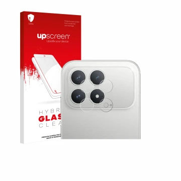 Face avant d’un emballage produit avec le logo de la marque upscreen. À côté, l’appareil Xiaomi Poco F8 Pro (Caméra UNIQUEMENT