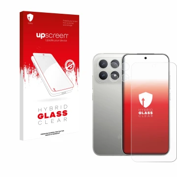 Face avant d’un emballage produit avec le logo de la marque upscreen. À côté, l’appareil Xiaomi Poco F8 Pro (Avant+Caméra) est