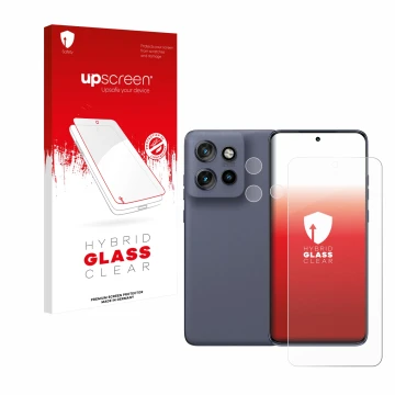 Face avant d’un emballage produit avec le logo de la marque upscreen. À côté, l’appareil Motorola Edge 60 Neo (Avant+Caméra) e
