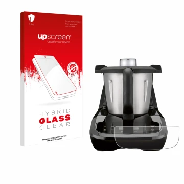 Face avant d’un emballage produit avec le logo de la marque upscreen. À côté, l’appareil SilverCrest Monsieur Cuisine compact 