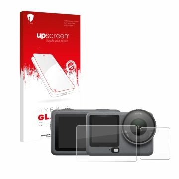Face avant d’un emballage produit avec le logo de la marque upscreen. À côté, l’appareil DJI Osmo Action 6 est représenté avec