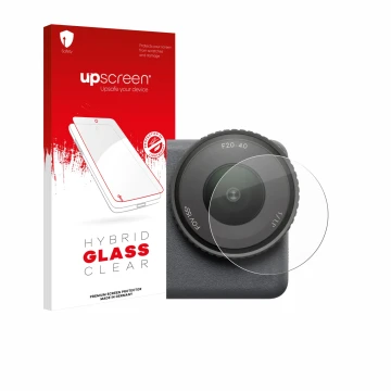 Face avant d’un emballage produit avec le logo de la marque upscreen. À côté, l’appareil DJI Osmo Action 6 (Lentille) est repr