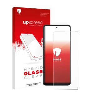 Face avant d’un emballage produit avec le logo de la marque upscreen. À côté, l’appareil Oppo K13x est représenté avec la prot