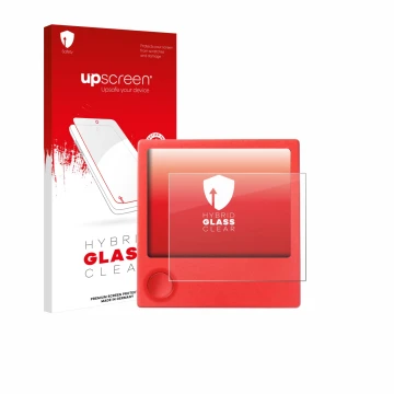 Face avant d’un emballage produit avec le logo de la marque upscreen. À côté, l’appareil PicPak E-Ink Display est représenté a