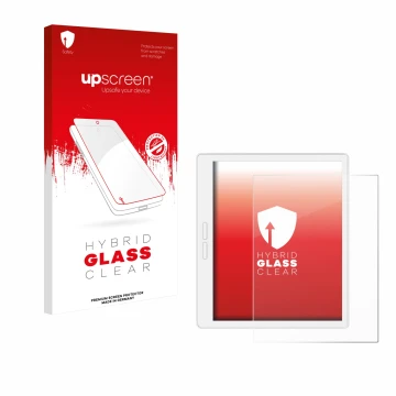 Face avant d’un emballage produit avec le logo de la marque upscreen. À côté, l’appareil Bigme B751C-S est représenté avec la 