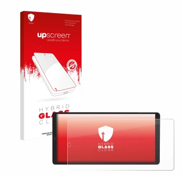 Face avant d’un emballage produit avec le logo de la marque upscreen. À côté, l’appareil Shelly Wall Display X2 est représenté
