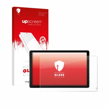 Face avant d’un emballage produit avec le logo de la marque upscreen. À côté, l’appareil Laptok KB1001 10.1