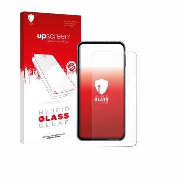 Face avant d’un emballage produit avec le logo de la marque upscreen. À côté, l’appareil Sharp Aquos Sense 10 est représenté a
