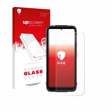Face avant d’un emballage produit avec le logo de la marque upscreen. À côté, l’appareil Blackview Rock 1 est représenté avec 