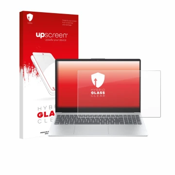 Face avant d’un emballage produit avec le logo de la marque upscreen. À côté, l’appareil HP OmniBook 3 15