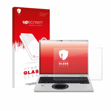 Face avant d’un emballage produit avec le logo de la marque upscreen. À côté, l’appareil Panasonic CF-FV3 est représenté avec 