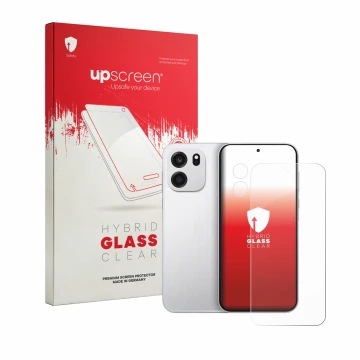 Face avant d’un emballage produit avec le logo de la marque upscreen. À côté, l’appareil OnePlus Turbo 6V (Avant+Caméra) est r