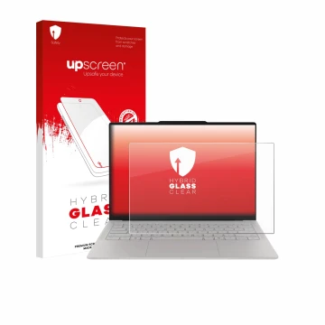 Face avant d’un emballage produit avec le logo de la marque upscreen. À côté, l’appareil Lenovo Yoga Slim 7i Ultra Gen 11 Aura