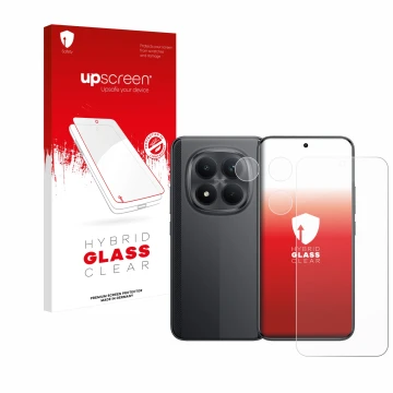 Face avant d’un emballage produit avec le logo de la marque upscreen. À côté, l’appareil Xiaomi Poco M8 Pro (Avant+Caméra) est