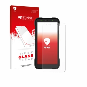 Face avant d’un emballage produit avec le logo de la marque upscreen. À côté, l’appareil Zebra TC701 est représenté avec la pr