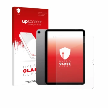 Face avant d’un emballage produit avec le logo de la marque upscreen. À côté, l’appareil Apple iPad Air 11
