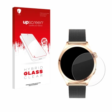 Face avant d’un emballage produit avec le logo de la marque upscreen. À côté, l’appareil Niolina Smartwatch 1.27