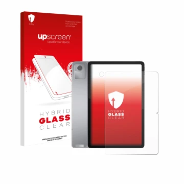Face avant d’un emballage produit avec le logo de la marque upscreen. À côté, l’appareil Lenovo Tab M11 (Avant+Caméra) est rep