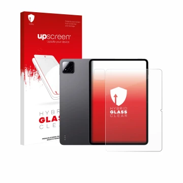 Face avant d’un emballage produit avec le logo de la marque upscreen. À côté, l’appareil Xiaomi Pad 7 Pro (Avant+Caméra) est r