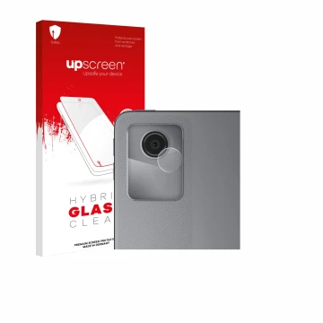 Face avant d’un emballage produit avec le logo de la marque upscreen. À côté, l’appareil Lenovo Tab M11 (Caméra UNIQUEMENT) es