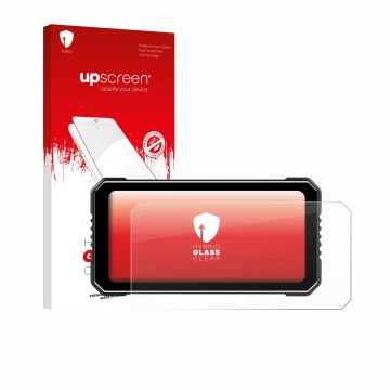 Face avant d’un emballage produit avec le logo de la marque upscreen. À côté, l’appareil Vtopek MT26 6.25