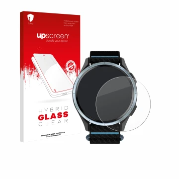 Face avant d’un emballage produit avec le logo de la marque upscreen. À côté, l’appareil Garmin Approach J1 est représenté ave