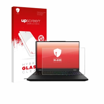 Face avant d’un emballage produit avec le logo de la marque upscreen. À côté, l’appareil XMG Apex 16 Max est représenté avec l