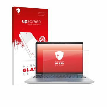 Face avant d’un emballage produit avec le logo de la marque upscreen. À côté, l’appareil HP EliteBook 8 G1i 13