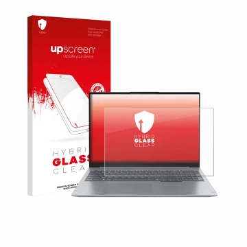 Face avant d’un emballage produit avec le logo de la marque upscreen. À côté, l’appareil Lenovo ThinkBook 16 Gen 7+ est représ