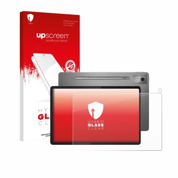 Face avant d’un emballage produit avec le logo de la marque upscreen. À côté, l’appareil Lenovo Idea Tab Pro 12.7