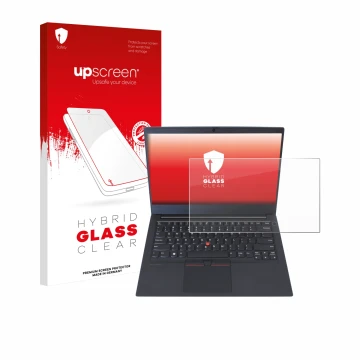 Face avant d’un emballage produit avec le logo de la marque upscreen. À côté, l’appareil Lenovo ThinkPad E14 Gen 1 est représe