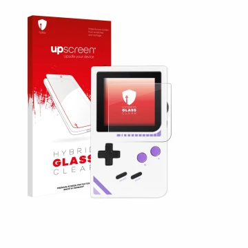Face avant d’un emballage produit avec le logo de la marque upscreen. À côté, l’appareil Modretro Chromatic est représenté ave