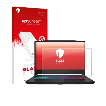 Face avant d’un emballage produit avec le logo de la marque upscreen. À côté, l’appareil MSI Katana 15 HX B14 est représenté a