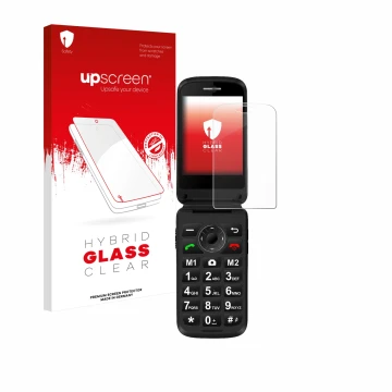 Face avant d’un emballage produit avec le logo de la marque upscreen. À côté, l’appareil Simvalley Mobile XL-970 est représent