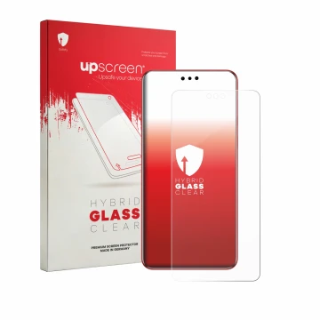 Face avant d’un emballage produit avec le logo de la marque upscreen. À côté, l’appareil Huawei Mate 60 RS Ultimate est représ