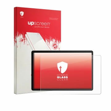 Face avant d’un emballage produit avec le logo de la marque upscreen. À côté, l’appareil Whitedeer WHTG1301 10.1