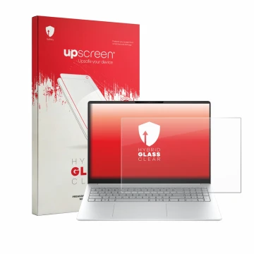 Face avant d’un emballage produit avec le logo de la marque upscreen. À côté, l’appareil HP OmniBook 3 16 16-bw0750ng est repr