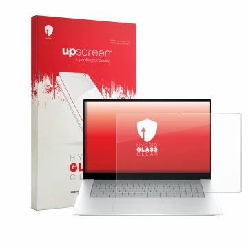 Face avant d’un emballage produit avec le logo de la marque upscreen. À côté, l’appareil HP OmniBook X 17-de0776ngx est représ