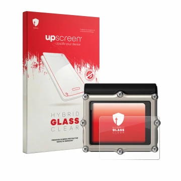 Face avant d’un emballage produit avec le logo de la marque upscreen. À côté, l’appareil Shearwater Petrel 3 dive computer est