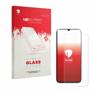 Face avant d’un emballage produit avec le logo de la marque upscreen. À côté, l’appareil realme C100i est représenté avec la p