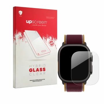 Face avant d’un emballage produit avec le logo de la marque upscreen. À côté, l’appareil Apple Watch Ultra 4 (49 mm) est repré