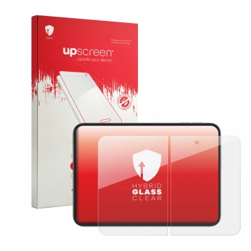 Face avant d’un emballage produit avec le logo de la marque upscreen. À côté, l’appareil Apple iPhone Duo (Affichage interne) 